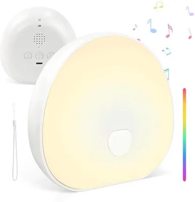 Zdjęcie produktu dla Czarna lampka do snu i relaksu z 7 kolorami światła dla niemowląt, uspokajająca muzyka, funkcja timera, akumulator, USB-C, odpowiednia dla dorosłych i niemowląt