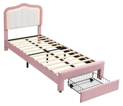 Productafbeelding van Kinderbed - Enkelbed 90 x 200 cm - Fluweel - Opbergruimte onder het bed - Wit gestoffeerd hoofdeinde - Roze