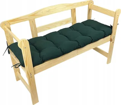 A dark green bench cushion on a light wooden bench.
