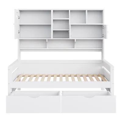 Produktbild von Flieks Jugendbett Einzelbett 90x200cm mit Schrank und offenen Staufächern, Schlafsofa Holzbett Tagesbett mit 2 Schubladen, Klassisches Bett Weiß
