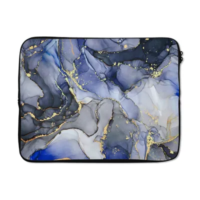 Produktbild von MuchoWow® Laptop Hülle 17 Zoll Laptoptasche Marmor - Gold - Abstrakt - Blau - Zipper - Schutzabdeckung