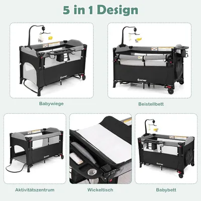 Produktbild von Wandelbares 5-in-1-Babybett mit Wickeltisch & Aufbewahrungstasche Schwarz