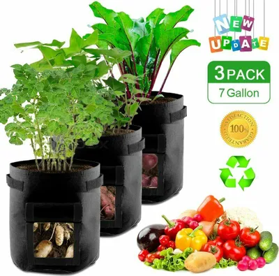 Image de 3 sacs de plantes, sac de plantation de pommes de terre 7 gallons avec poignées et fenêtre, respirant sac de légumes Grow Bag sac de plantation pour carottes/oignons/légumes (noir)