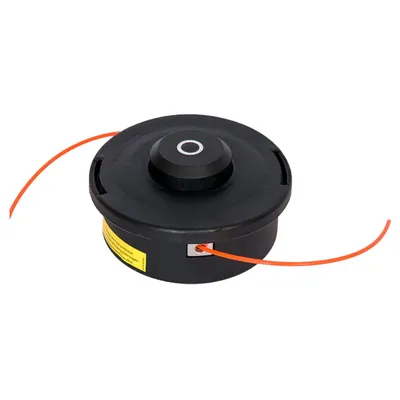 A black string trimmer head with orange trimmer line, shown against a white background.