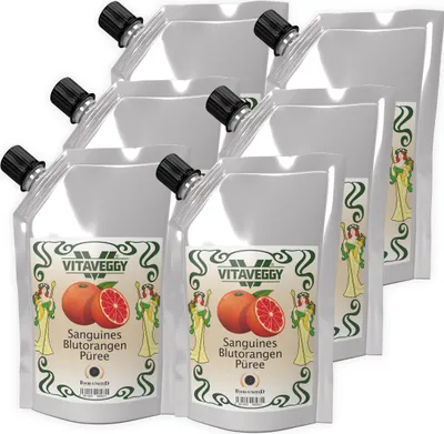 Produktbild von VITAVEGGY Früchte-Püree BLUTORANGEN 6x1kg ohne Aroma- Farb- & Konservierungsmittel von Food-United, Blutorangenpüree für Obstbrei & Obsmus oder als Blutorangensaft Blutorangen-Smoothie oder für Sorbets Cocktails Shakes Desserts, GVO-Frei Glutenfrei