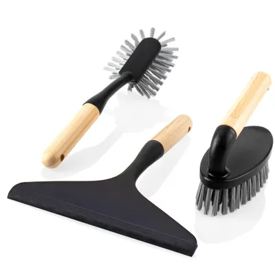 Produktbild von com-four® 3-teiliges Reinigungs-Set - Handbürste, Spülbürste und Fensterabzieher - perfektes Reinigungs-Starterset aus Bambus und robustem Kunststoff für den Haushalt