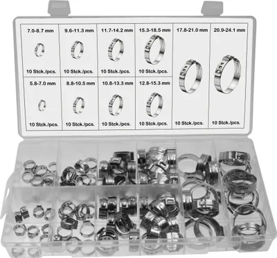 Produktbild von 100 x Edelstahl 1-Ohr-Schlauchschellen Klemmschelle Schlauchklemme Ø 5.8-24.1 mm