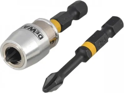 A close-up shot of a DeWalt bit holder and a screwdriver bit, both on a white background.