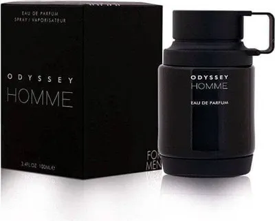 A black perfume bottle and its box are displayed on a white background.