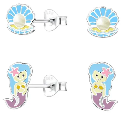 Produktbild von 2er Set Kinder Ohrringe Silber 925 Ohrstecker Muschel & Meerjungfrau