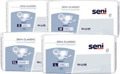 A collage of four different sizes of Seni Classic adult diapers.