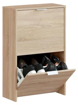Produktbild von Schuhregal Dmoretto, Platzsparendes Schuhregal mit 2 Türen, Schuhregal für den Eingangsbereich, Schuhregal für Garderobe, 50x22h76 cm, Eiche