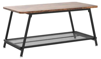 Image de Table basse industrielle - Design à 2 niveaux - Structure métallique - Aspect bois - Avec étagère de rangement - Marron rustique