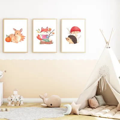 Produktbild von Waldtiere 3er Set Kinderzimmer Bilder DIN A4 Poster Babyzimmer Wandbilder Dekoration - Reh Fuchs Igel