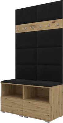 Obrázek produktu pro Šatní sestava Nela III, čalouněná šatní skříň se dvěma botníky, nástěnnými panely a věšáky (barva: dub Artisan + Trinity 16 (černá))