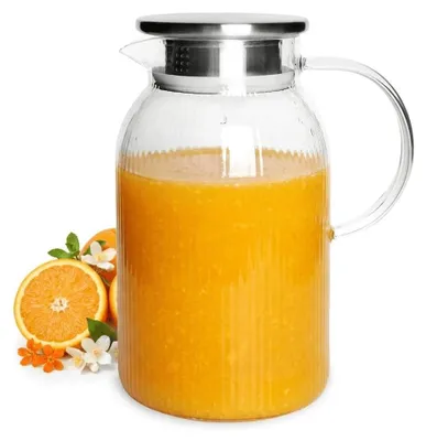 Produktbild von Glaskaraffe 1,1L mit Edelstahldeckel geriffelt | Wasserkrug aus Borosilikatglas mit Rillen & Henkel | Hitzebeständige Wasserkaraffe Glaskrug für Tee, Eistee, Saft, Limonade | Spülmaschinengeeignet