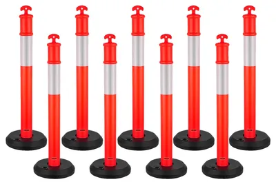 Obrázok produktu pre VEVOR dopravné vymedzovacie stĺpiky 9 ks (114 cm) s vyplniteľnou základňou a reflexnými pásmi, výstražné stĺpiky na staveniská, parkoviská, zábrany na kontrolu davu, červené