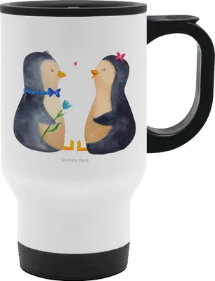Produktbild von Mr. & Mrs. Panda To-Go-Becher Pinguin Pärchen - Weiß - Geschenk, glücklich, thermosbecher, Kaffeebecher To Go, Hochzeitstag, Liebe, mit deckel, Becher, Verknallt