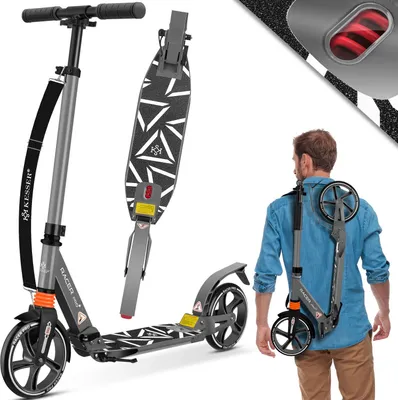 A collage of images showing a foldable scooter, a close-up of its deck, and a person carrying it on their back.