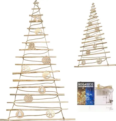 Two wooden Christmas trees decorated with ornaments and LED lights, along with a product packaging and LED lights.