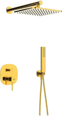 A gold-colored shower system with a wall-mounted showerhead and a handheld showerhead with controls.