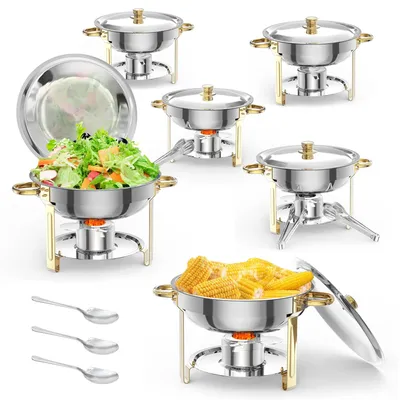 Produktbild von Chafing-Dish-Set - Runder Speisenwärmer - Edelstahl - 5 l - Mit Deckel und Halterung - 6er-Pack - Für Catering