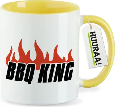 Produktbild von Huuraa Kaffeetasse BBQ King Flammen 330ml Gelb Keramik Kaffeebecher Geschenkidee