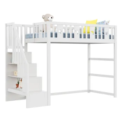 Produktbild von Etagenbett für Kinder 90*200 mit Treppe ,Hochbett aus Massivholz mit Sicherheitsgeländer, Stern- und Monddekoration.Weiß