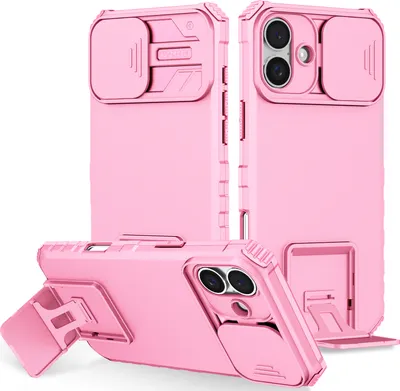 Produktbild von Dual Layer Hülle für iPhone 16 Plus Stossfest Robust Ständer Schutzhülle mit Schiebe Kamera Schutz Pink