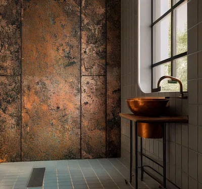 Zdjęcie produktu dla Miedziany panel ścienny CopperAndCraft patyna 100x90 cm, ręcznie robiony metalowy panel kuchenny, dekoracja ścienna łazienki, designerska sztuka ścienna,