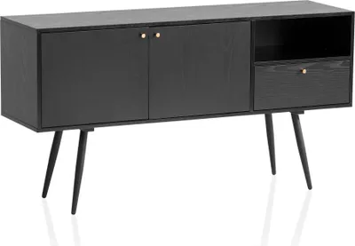 Zdjęcie produktu dla Kredens  140x75x40 cm komoda czarna z ponadczasowym dekorem dębowym, wysoka komoda, szafka stojąca pokój dzienny z 2 drzwiami i szufladą, kredens z otwartą komorą | Wohnling