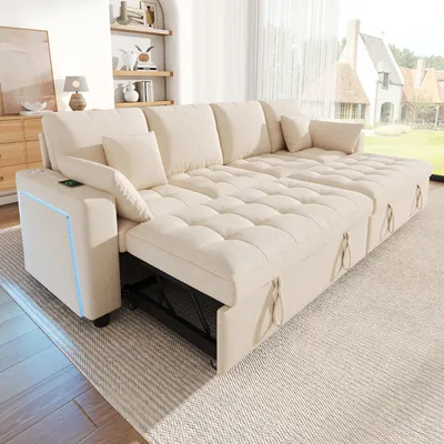 Produktbild von Merax L-förmiges 4-Sitzer Ecksofa Schlafsofa mit Schlaffunktion, Ausziehbetten, LED-Beleuchtung, USB Type-C, verstellbare Rückenlehne, Chenille, Beige