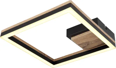 A modern square ceiling light with a black metal frame and wood accents, illuminated by integrated LED lighting.
