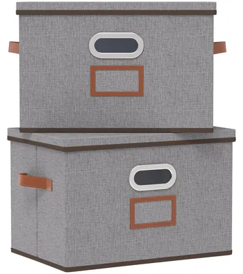 Image de Boîte de rangement avec couvercle et poignée, 45 x 30 x 30 cm. Boîte de rangement pliable en tissu. Paniers de rangement avec pochette pour étiquettes, gris.