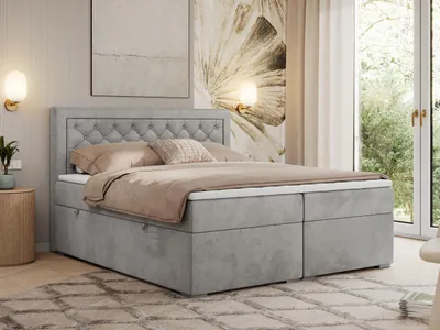 Produktbild von MKS MEBLE Boxspringbett 200x200 mit Bettkasten, Polsterbett 200x200 mit Matratze H4 Topper, Boxspringbett 200x200, Polsterbett 200x200, Bett 200x200 mit Kopfteil - Hellgrau Velvet - H4 - JASIR