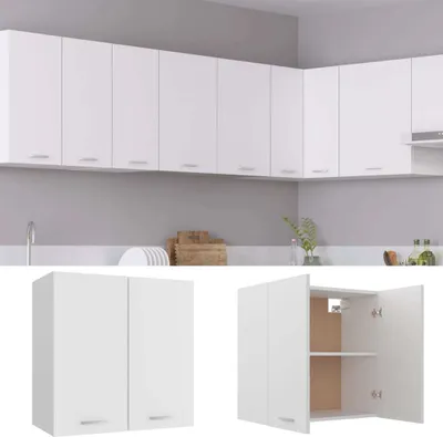 A collage of images showing white kitchen cabinets. The top image shows a set of cabinets mounted on a wall above a countertop. The bottom left image shows a closed two-door cabinet, and the bottom right image shows the same cabinet with its doors open, re