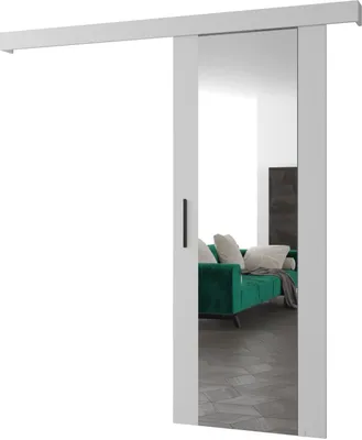 A sliding door with a mirror is shown against a white background. A green sofa is reflected in the mirror.