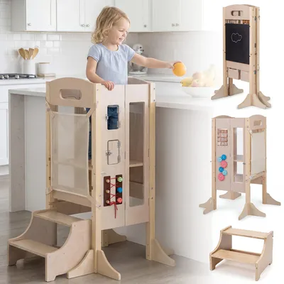 Produktbild von 3-in-1 Montessori Lernturm klappbarer aus Holz für Kinder, Tritthocker mit Kreidetafel, höhenverstellbar 27-50cm, bis 50kg belastbar