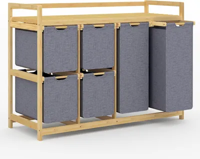 Produktbild von efluky Wäschesortierer 200 L, 6 Fächer, 2 Wäschesäcke & 4 Stoffboxen, Grau