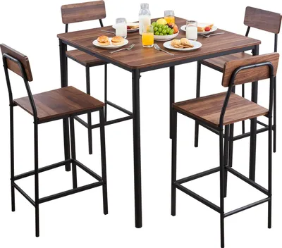 Image de Ensemble de table de bar - 5 pièces. Table haute avec 4 tabourets de bar - Carrée 90 x 90 x 91 cm - Bords arrondis - Table de bistrot/table de bar - Pour salon, salle à manger