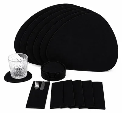 Produktbild von Filz Platzsets Oval, Platzdeckchen abwaschbar, Tischuntersetzer Filzmatten 26er Set mit Hülle Besteckhülle Untersetzern (schwarz)