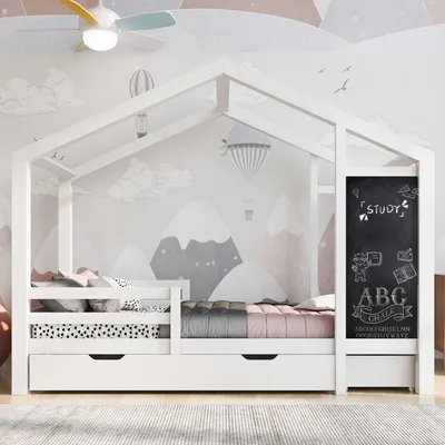 Zdjęcie produktu dla Łóżko dziecięce Zubaliya – 90 x 200 cm, białe – z półką i 2 szufladami – z litego drewna i zabezpieczeniem przed wypadnięciem