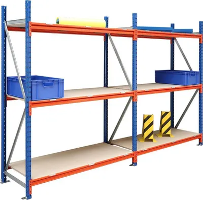 Produktbild von Weitspannregal MOOSE Stecksystem Omega-Profil | Grundregal | HxBxT 200x440x80cm | 3 Ebenen | Spanplatten-Fachboden | Fachlast 660kg | Enzianblau/Reinorange