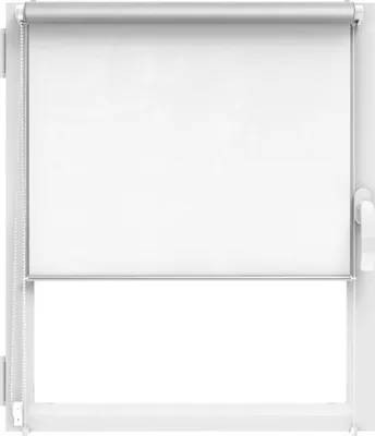 A white roller blind is shown installed on a white window frame.