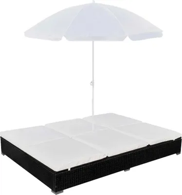 Image de Chaise longue d'extérieur avec parasol Résine tressée Noir