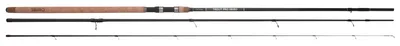 A fishing rod is shown laid out in three sections against a white background.