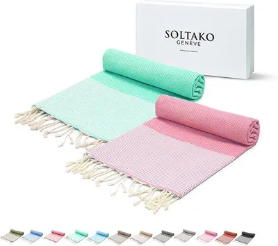 Produktbild von Famanu Fouta Strandhandtuch 2er Set - Kirschenblütenrosa & Mint, extra groß, 100 x 200 cm