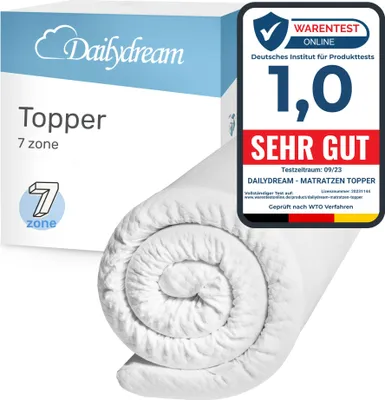 Produktbild von Dailydream Matratzentopper 7-Zonen Model L/XL – 140x200 cm – Höhe 7 cm – ergonomische Matratzenauflage  -  100 & CertiPur , leicht abnehmbarer und waschbarer Bezug, Reißverschluss, allergikerfreundlich, anpassbar, rutschfest, geruchsneutral, für Bauch-, Seiten- und Rückenschläfer geeignet
