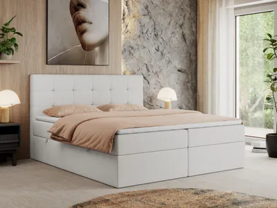 Produktbild von MKS MEBLE Boxspringbett 200x200 mit Bettkasten und Matratze H3, Polsterbett 200x200 mit Bettkasten, Bett 200x200 mit Stauraum und Topper - Centos - Weiß Kunstleder