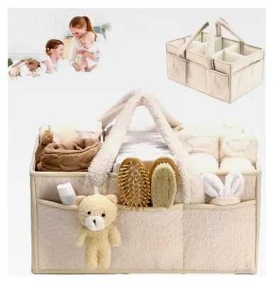 Produktbild von Wickeltaschen-Organizer Plüsch, Tragbarer Wickeltisch-Organizer mit Teddy, Baby-Wickelkorb mit Herausnehmbaren Fächern, Aufbewahrungskorb für Wickel- und Babysachen